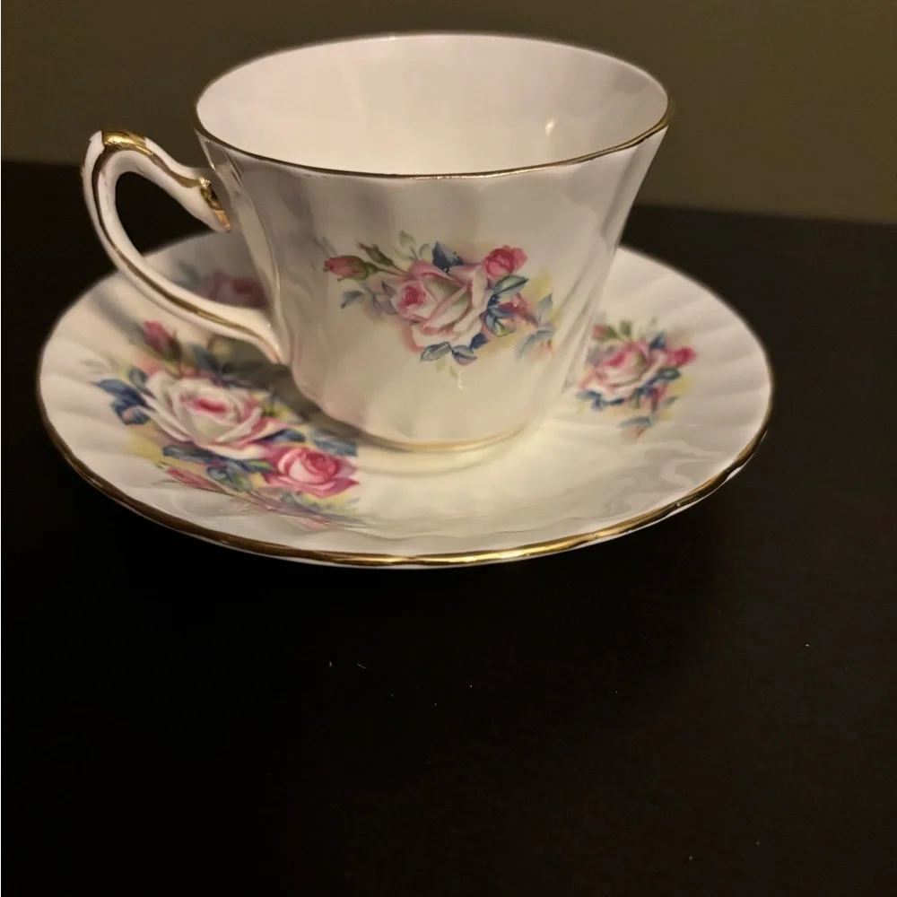 Vintage Floral Cup and Saucer with Gold Trim